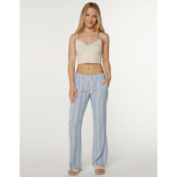 Roxy Pants Womens Size XL Blue & White Oceanside Stripe Flare Beach Linen Blend - Picture 3 of 16